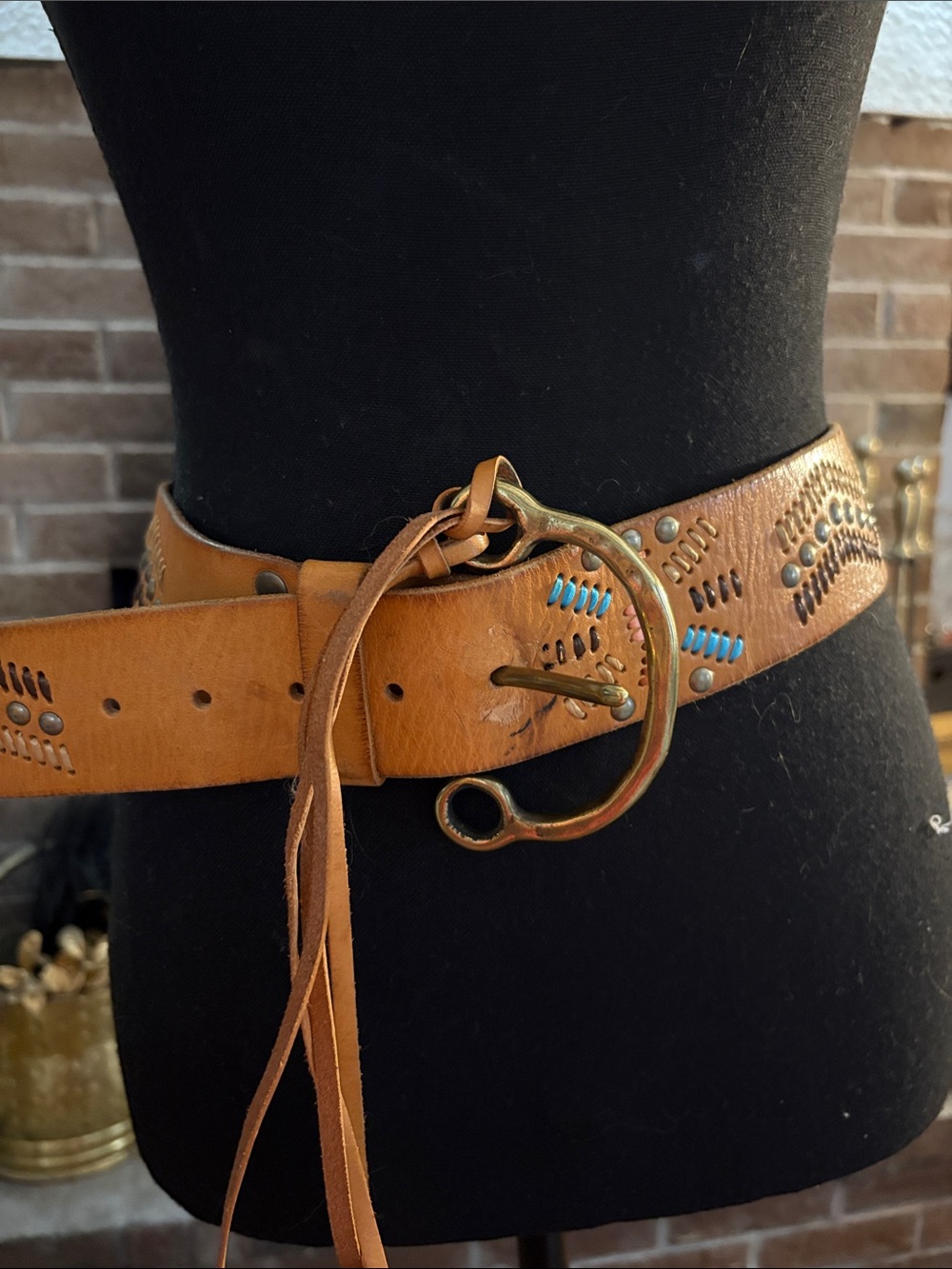 Linea Pelle Tan Leather Belt with Brass Ring Buckle and Turquoise Stitching